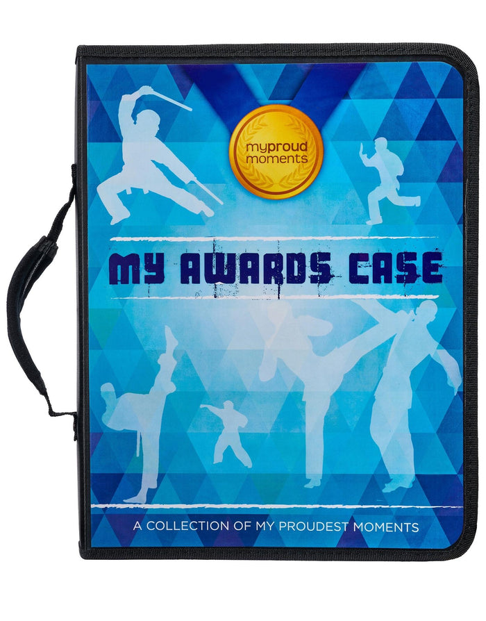 Blue karate proud moments medal case with martial arts silhouettes
