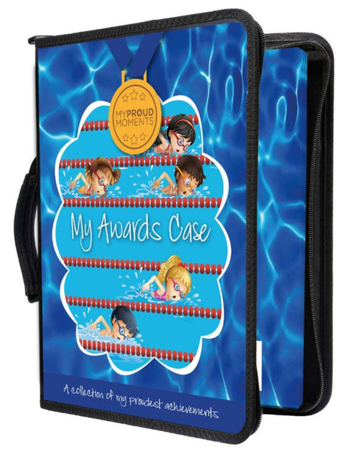 Blue swim awards case with gold medal design, proud moments for swimmers