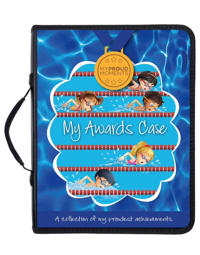 Blue swim-themed proud moments case with eight certificate holders