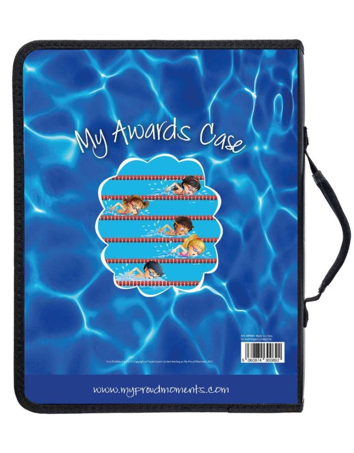 Blue swimmer award case with proud moments design and padded handle