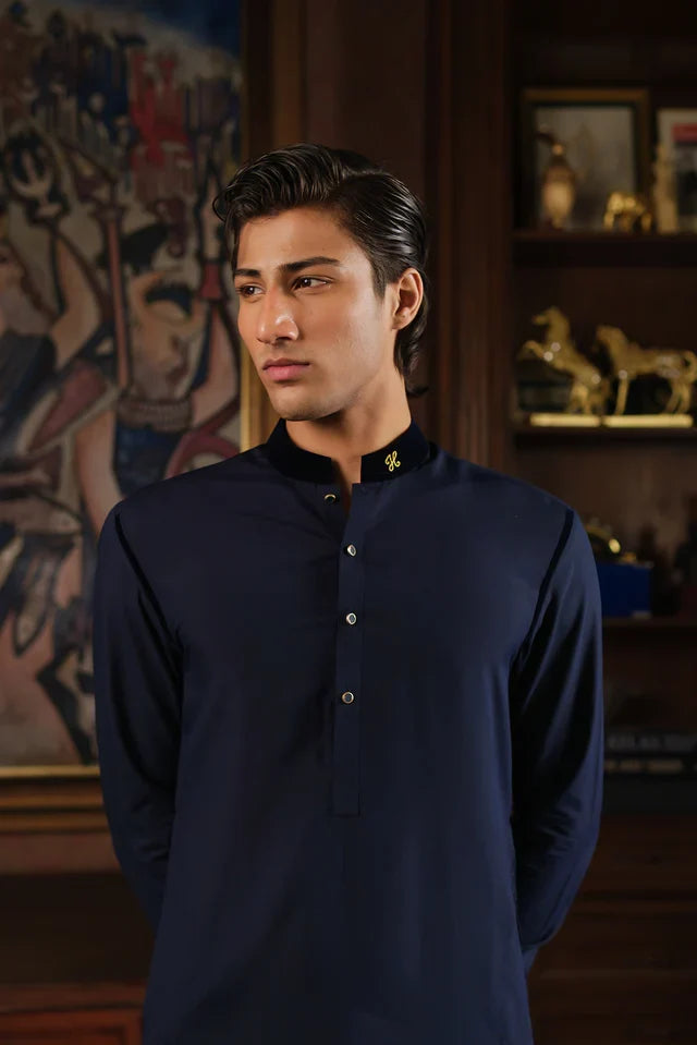 NAVY BLUE CHAMBRAY WASH N WEAR KURTA PAJAMA