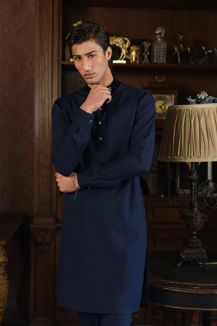 NAVY BLUE CHAMBRAY WASH N WEAR KURTA PAJAMA