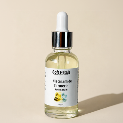 Bottle of Soft Petalz Niacinamide Turmeric Face Serum on a beige background