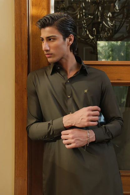 OLIVE GREEN WASH N WEAR SHALWAR KAMEEZ