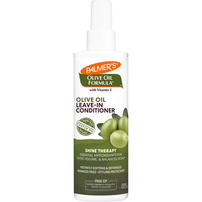 Palmer's Olive Oil Leave-In Conditioner spray bottle with benefits listed.