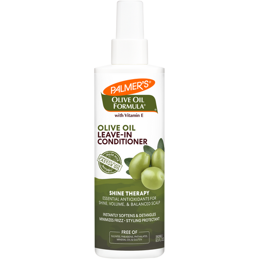 Palmer's Olive Oil Leave-In Conditioner spray bottle with benefits listed.