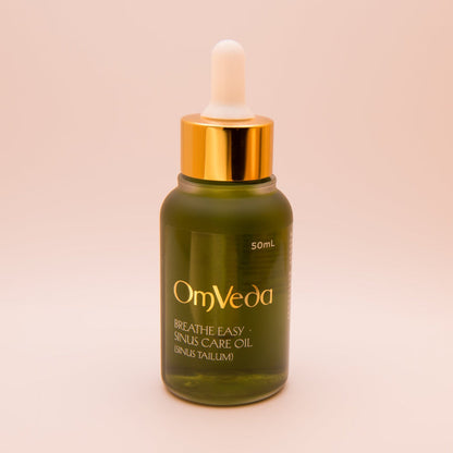 OmVeda Breathe Easy Sinus Care Oil bottle, 50 ml, dark green glass with dropper