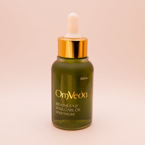 OmVeda Breathe Easy Sinus Care Oil bottle, 50 ml, dark green glass with dropper