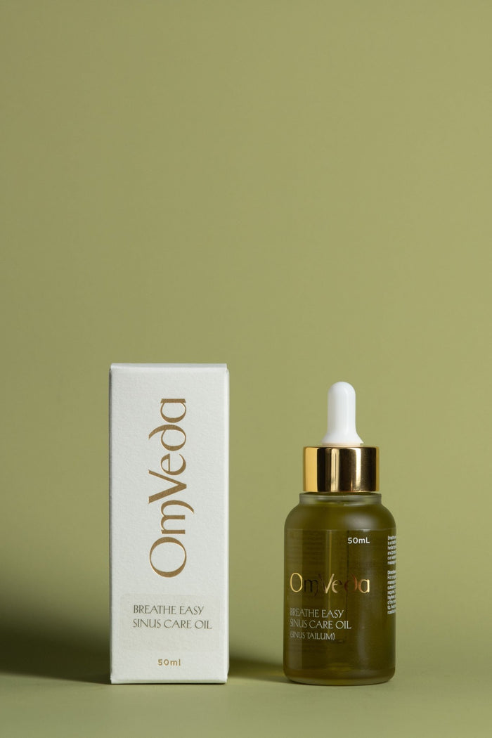 OmVeda Breathe Easy ayurvedic oil bottle and box, 50 ml, dark green glass