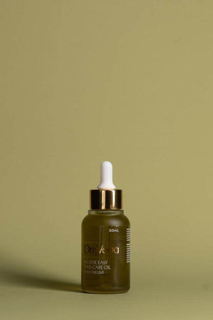 OmVeda Breathe Easy ayurvedic oil bottle, 50 ml, dark green glass dropper