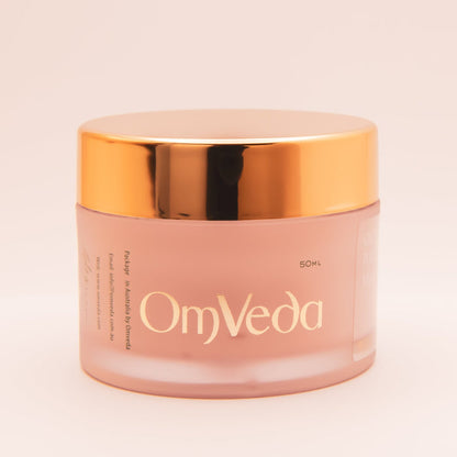 OmVeda Clove Purifying Mask jar front view, gold lid and pale pink body, 50 ml