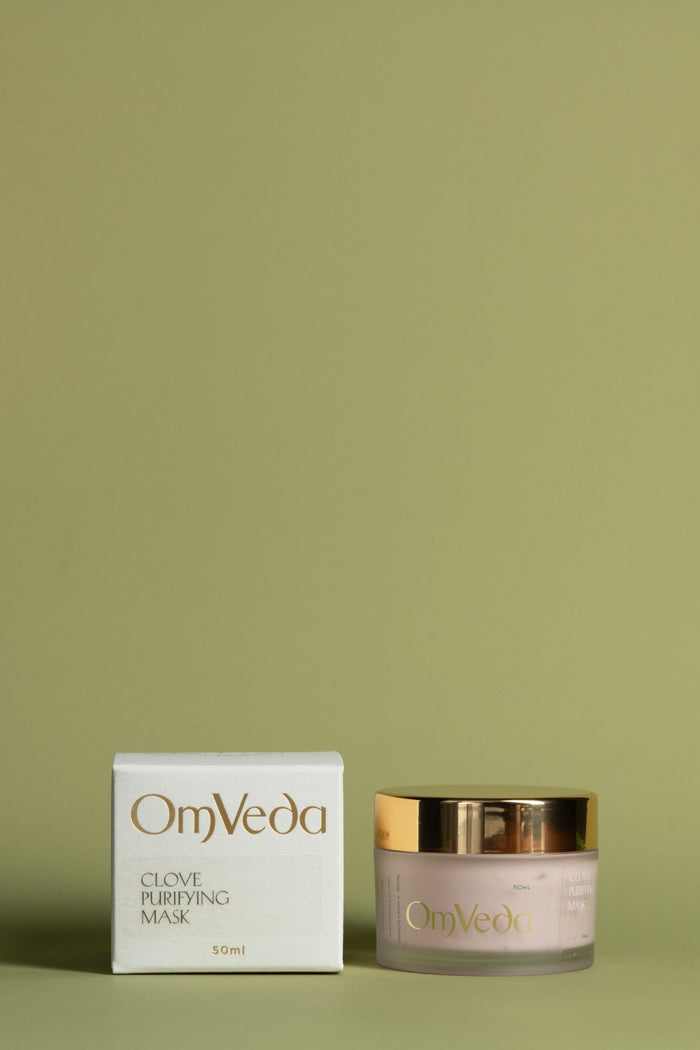 OmVeda Clove Purifying Mask jar, white label and gold lid, 50 ml