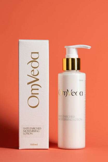 OmVeda date-enriched moisturising lotion 150ml pump bottle and box