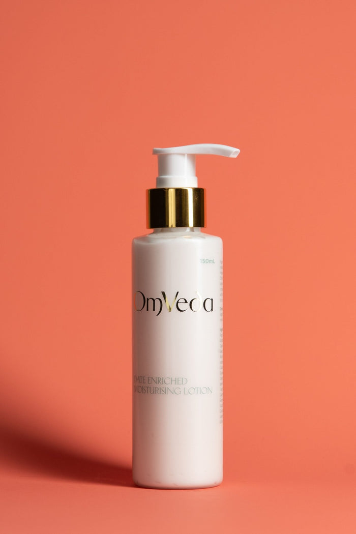 OmVeda date-enriched moisturising lotion 150ml pump bottle