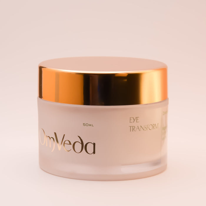 OmVeda eye transform 50 ml cream jar with gold lid and front label