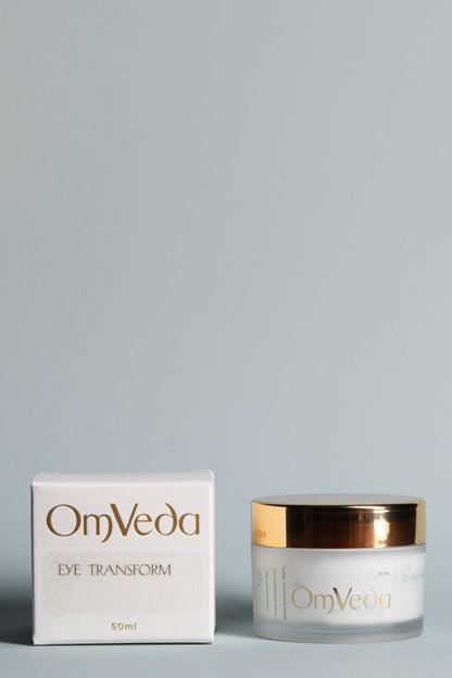 OmVeda eye transform 50 ml jar and boxed packaging, gold lid
