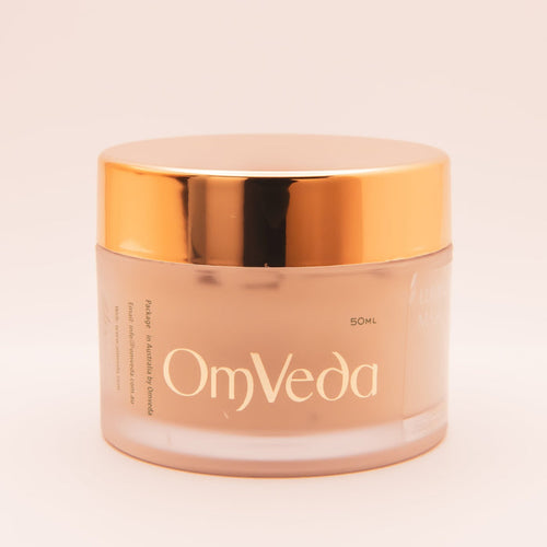 OmVeda Luminous (Pearl) Mask 50ml cream jar with gold lid, front label