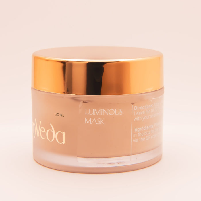 OmVeda Luminous (Pearl) Mask 50ml jar with gold lid, side text visible