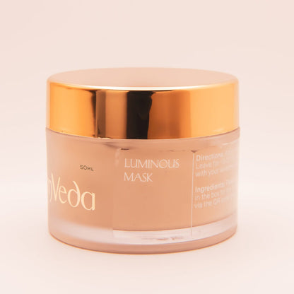 OmVeda Luminous (Pearl) Mask 50ml jar with gold lid, side text visible