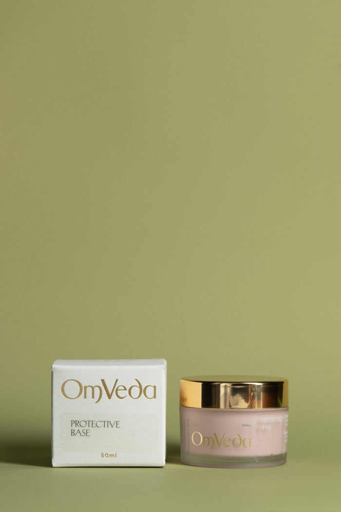 OmVeda protective base moisturizer, boxed jar and gold lid, 50 ml