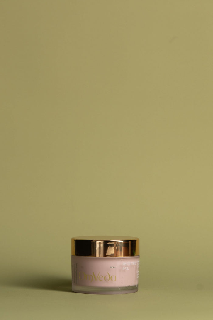 Protective base moisturizer jar with gold lid and OmVeda label, 50 ml