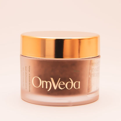 OmVeda 50ml exfoliant jar with gold lid and front label, no box.