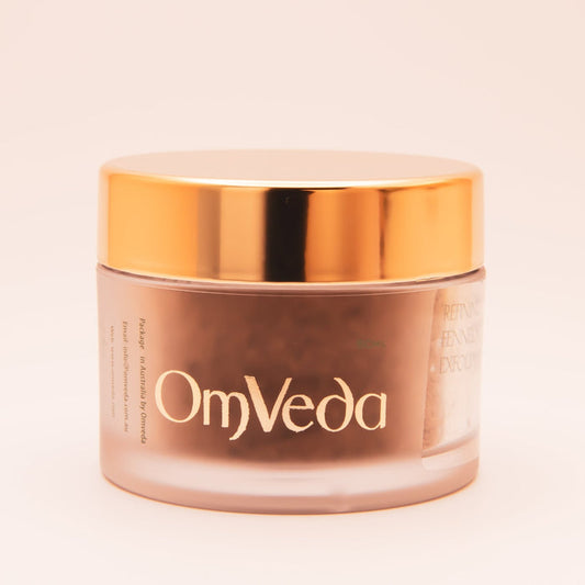 OmVeda 50ml exfoliant jar with gold lid and front label, no box.