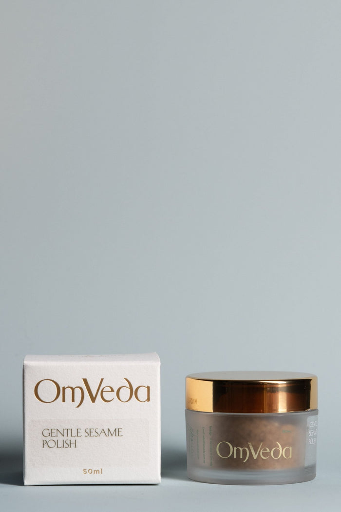 OmVeda Gentle Sesame Polish jar and box, 50 ml