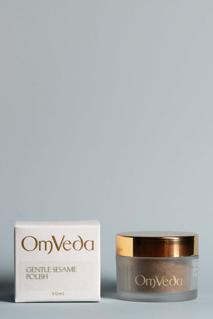 OmVeda Gentle Sesame Polish jar and box, 50 ml