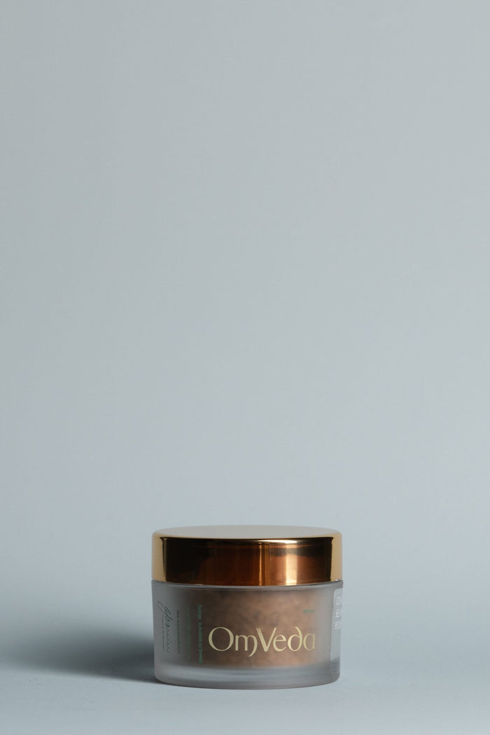 OmVeda Gentle Sesame Polish glass jar with gold lid