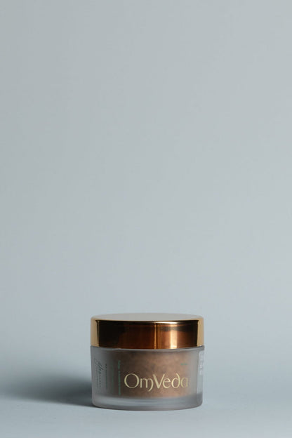 OmVeda Gentle Sesame Polish glass jar with gold lid
