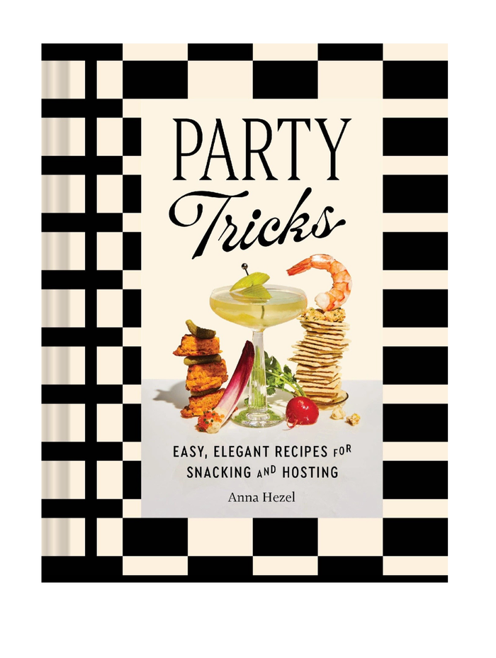 Book cover of 'Party Tricks' with black and white checkered border and food illustrations.