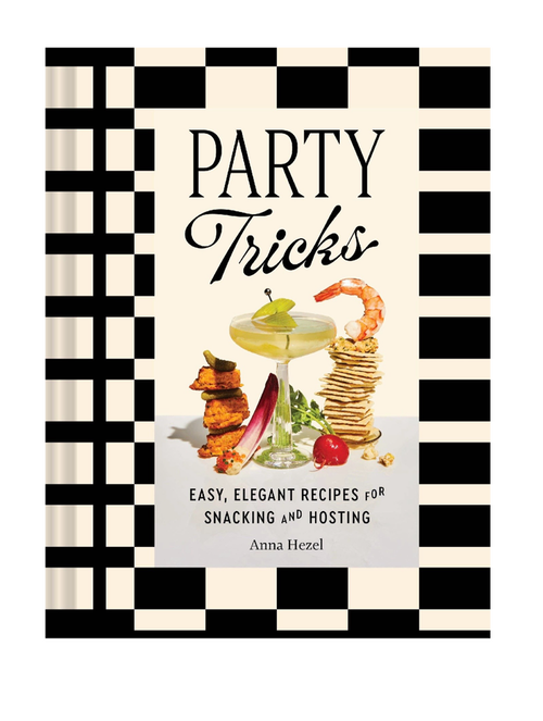 Book cover of 'Party Tricks' with black and white checkered border and food illustrations.