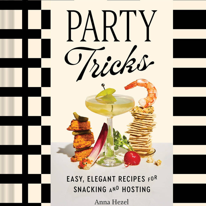 Book cover of 'Party Tricks' with a cocktail and snacks on a checkered background