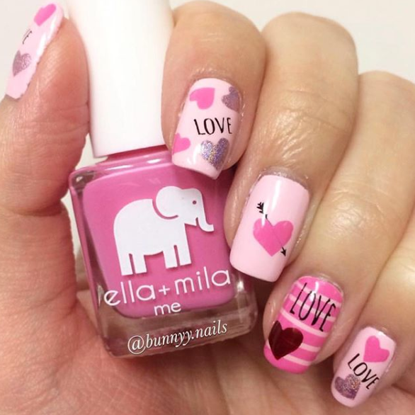 Pinkterest bubblegum pink nail polish with LOVE and heart accent nail art
