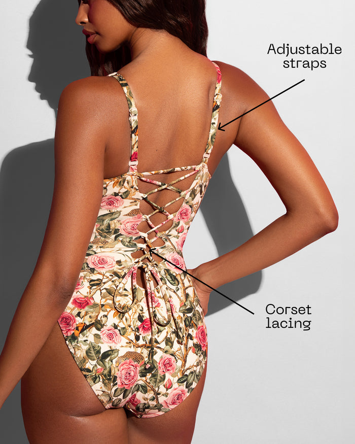 Detail graphic of Plungey Triangle - Contour Pink Rose Leopard/Pinky Oat highlighting back corset lacing