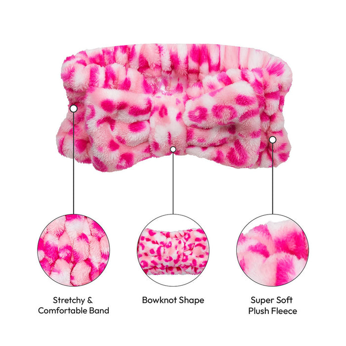 RED BEAUTY by KISS pink leopard plush spa headband with bowknot elastic band super soft fleece
