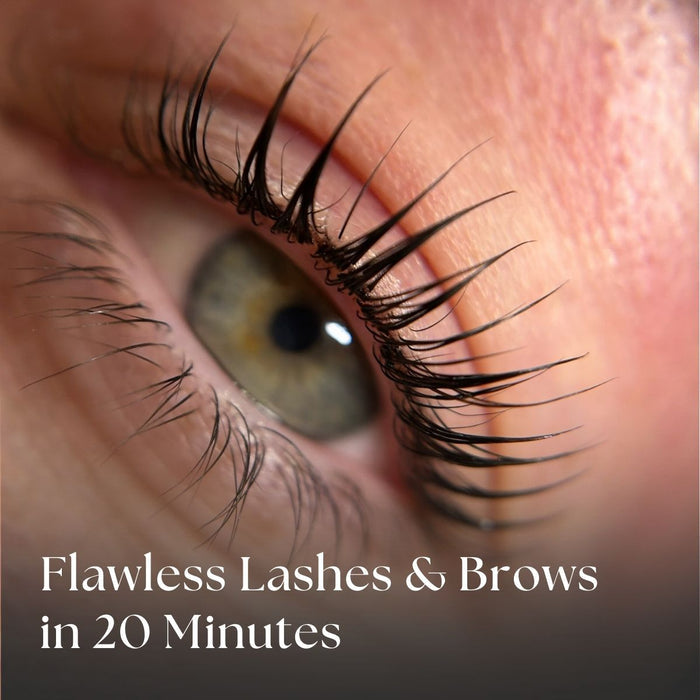 Close-up of a lash lift and text 'Flawless Lashes & Brows in 20 Minutes'.