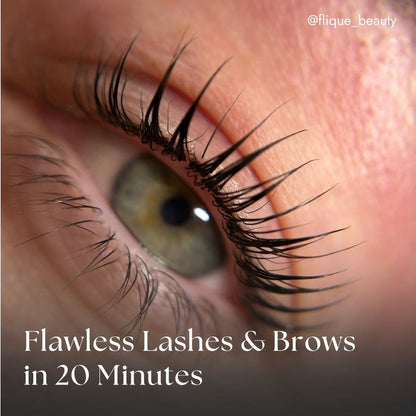 Close-up of a lash lift and text 'Flawless Lashes & Brows in 20 Minutes'