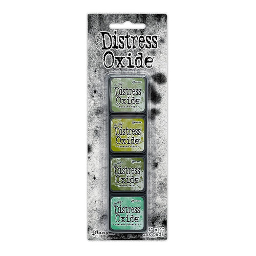 Ranger - Tim Holtz - Distress Mini Oxide Ink Pads Kit, #3 (4pc). Colours: Bundled Sage, Crushed Olive, Peeled Paint and Cracked Pistachio. Available at Embellish Away in Bowmanville Ontario Canada.
