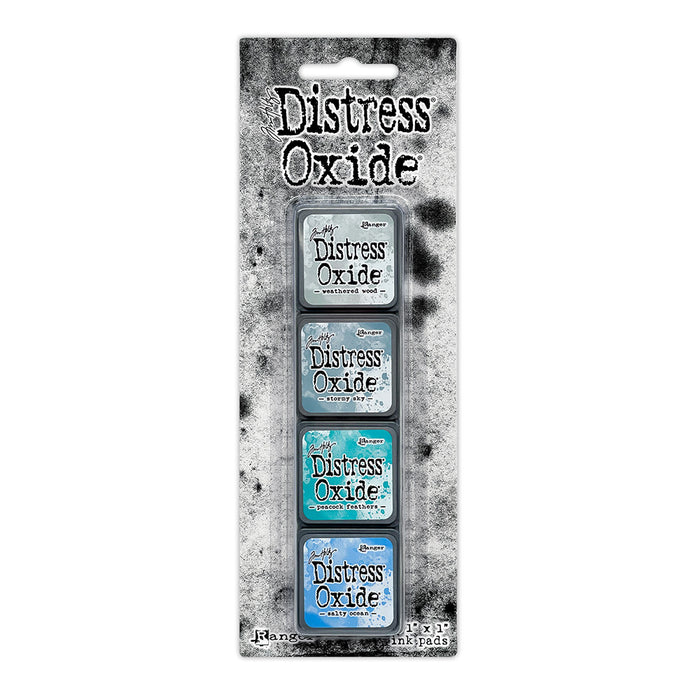 Ranger - Tim Holtz - Distress Mini Oxide Ink Pads Kit, #4 (4pc). Colours: Weathered Wood, Stormy Sky, Peacock Feathers and Salty Ocean. Available at Embellish Away in Bowmanville Ontario Canada.