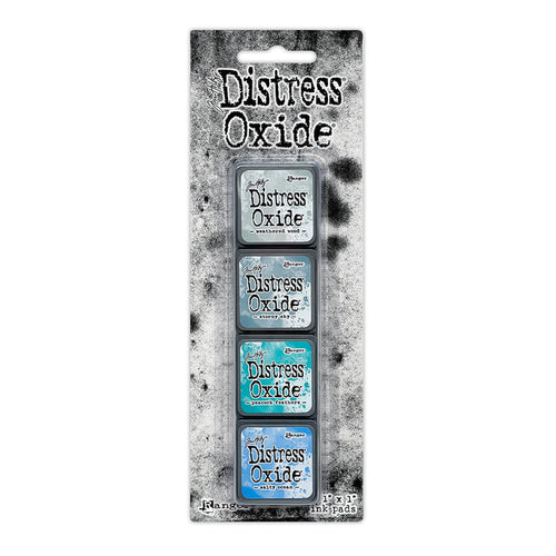 Ranger - Tim Holtz - Distress Mini Oxide Ink Pads Kit, #4 (4pc). Colours: Weathered Wood, Stormy Sky, Peacock Feathers and Salty Ocean. Available at Embellish Away in Bowmanville Ontario Canada.
