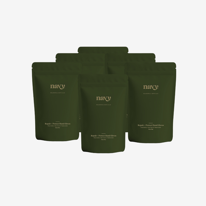 Five dark olive green stand-up pouches of Repair + Protect Hand Gloves arranged in a fan shape on a light gray background.