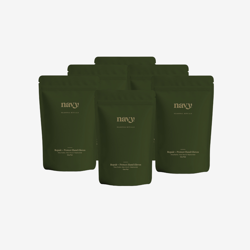 Five dark olive green stand-up pouches of Repair + Protect Hand Gloves arranged in a fan shape on a light gray background.