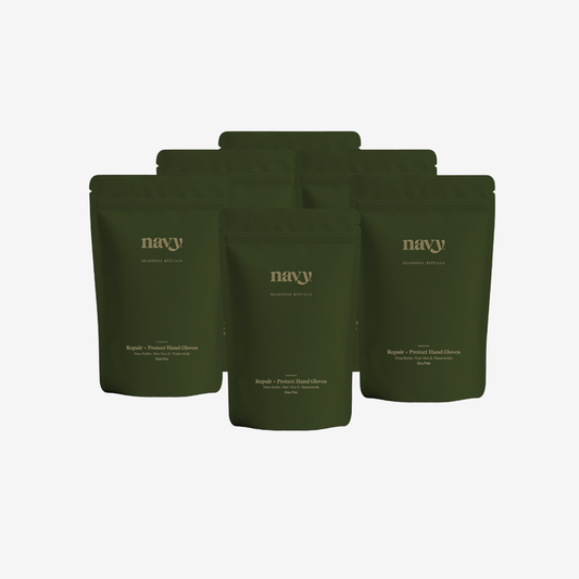 Five dark olive green stand-up pouches of Repair + Protect Hand Gloves arranged in a fan shape on a light gray background.