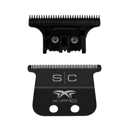 A set of professional-grade replacement blades for trimmers, featuring a black diamond carbon DLC cutter and a black titanium blade.