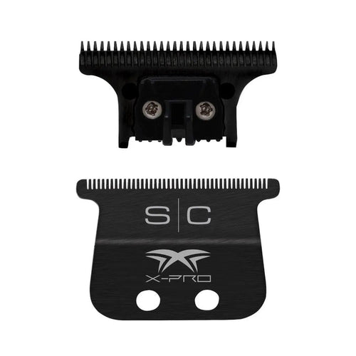 A set of professional-grade replacement blades for trimmers, featuring a black diamond carbon DLC cutter and a black titanium blade.