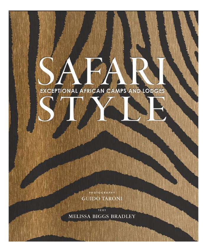 Book cover with zebra print design and text about exceptional African camps and lodges.