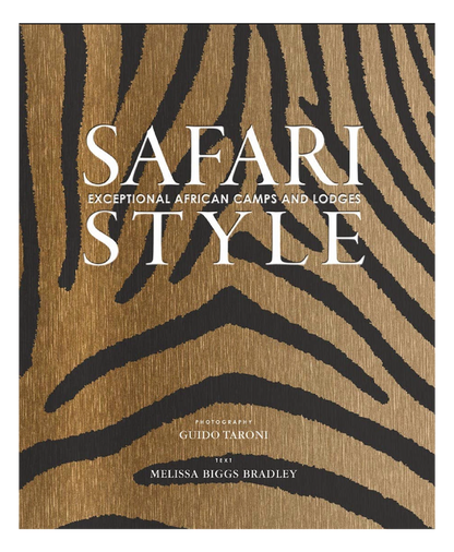 Book cover with zebra print design and text about exceptional African camps and lodges.