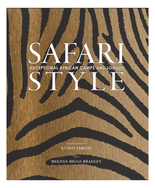 Book cover with zebra print design and text about exceptional African camps and lodges.
